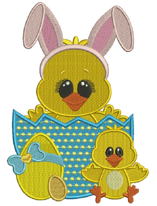 Chick With Big Bunny Ears Sitting Inside Easter Egg Filled Machine Embroidery Design Digitized Pattern