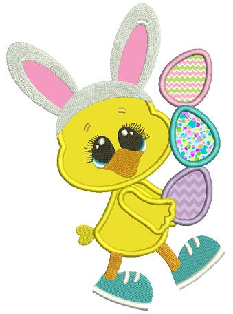 Chick Wearing Bunny Ears Holding Three Eggs Easter Applique Machine Embroidery Design Digitized Pattern