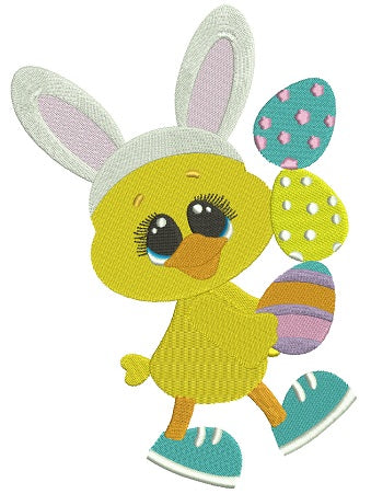 Chick Wearing Bunny Ears Holding Three Eggs Easter Filled Machine Embroidery Design Digitized Pattern