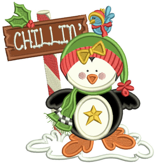 Chillin Penguin Christmas Applique Machine Embroidery Design Digitized Pattern