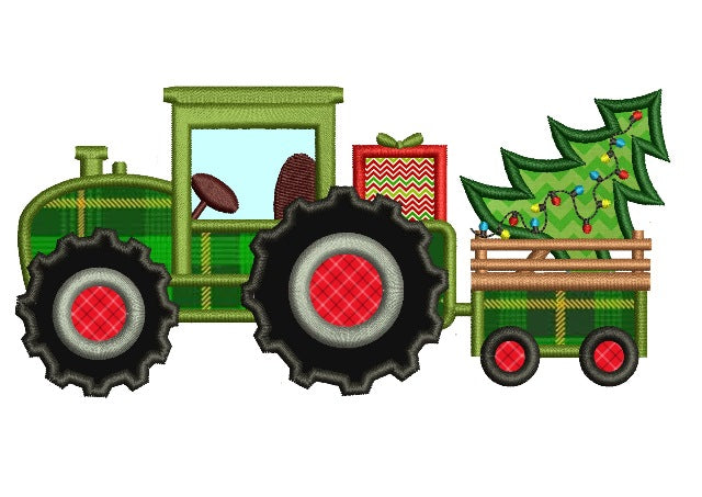 Christmas Tractor with Christmas Tree Applique Machine Embroidery Digitized Design Pattern