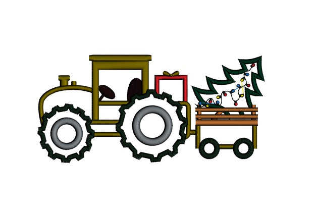 Christmas Tractor with Christmas Tree Applique Machine Embroidery Digitized Design Pattern