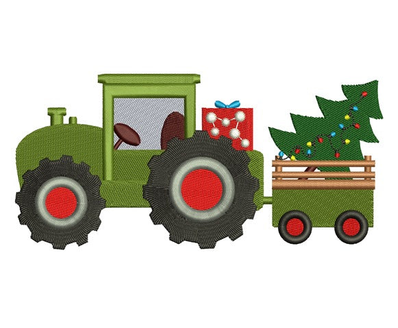 Christmas Tractor with Christmas Tree Filled Machine Embroidery Digitized Design Pattern
