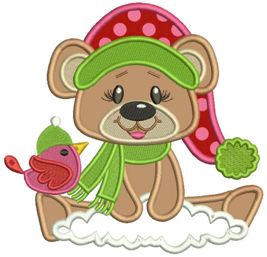 Christmas Bear With a Bird Applique Machine Embroidery Design Digitized Pattern