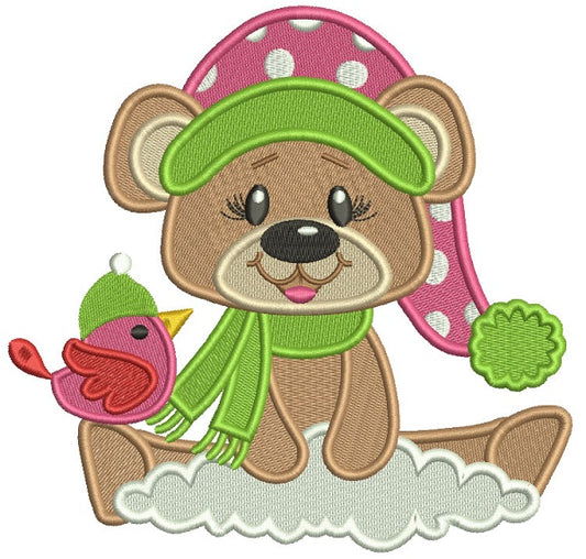 Christmas Bear With a Bird Filled Machine Embroidery Design Digitized Pattern