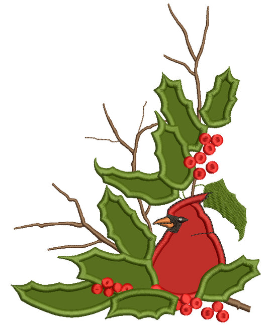 Christmas Cardinal Bird With Hollyberry Applique Machine Embroidery Design Digitized Pattern