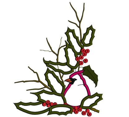 Christmas Cardinal Bird With Hollyberry Applique Machine Embroidery Design Digitized Pattern
