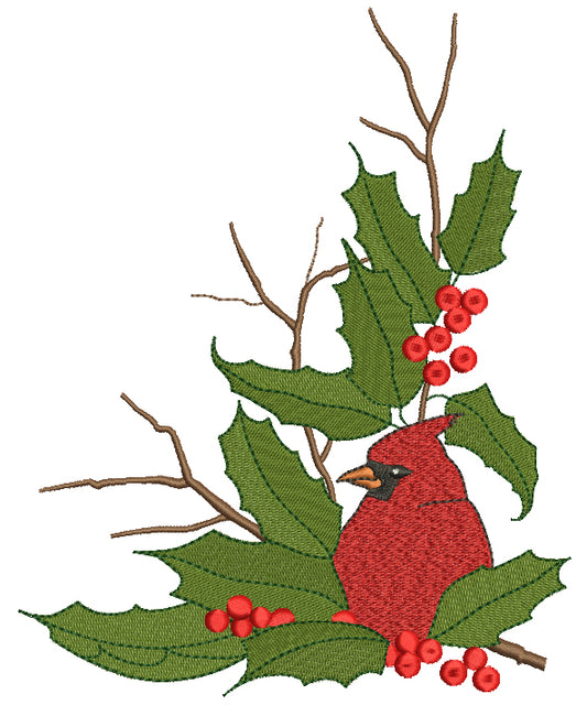Christmas Cardinal Bird With Hollyberry Filled Machine Embroidery Design Digitized Pattern