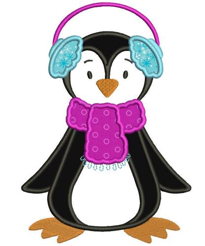 Christmas Penguin Wearing Scarf Applique Machine Embroidery Digitized Design Pattern