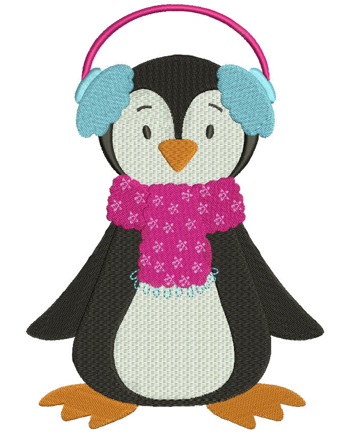 Christmas Penguin Wearing Scarf Filled Machine Embroidery Digitized Design Pattern