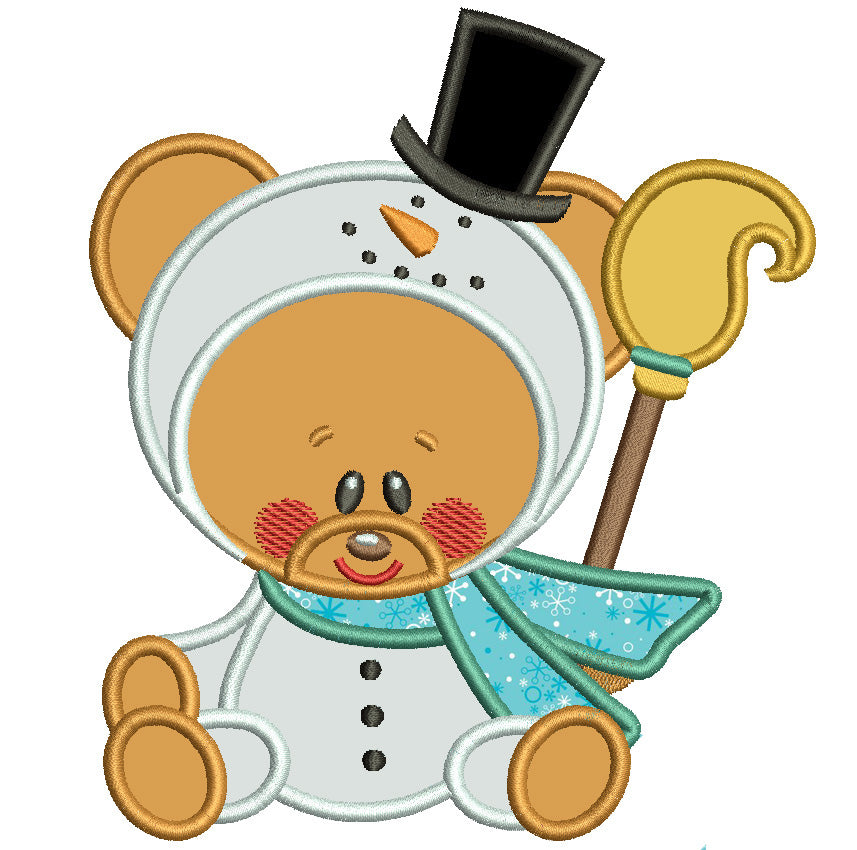 Christmas Teddy Bear in a Snow Costume Applique Machine Embroidery Digitized Design Pattern