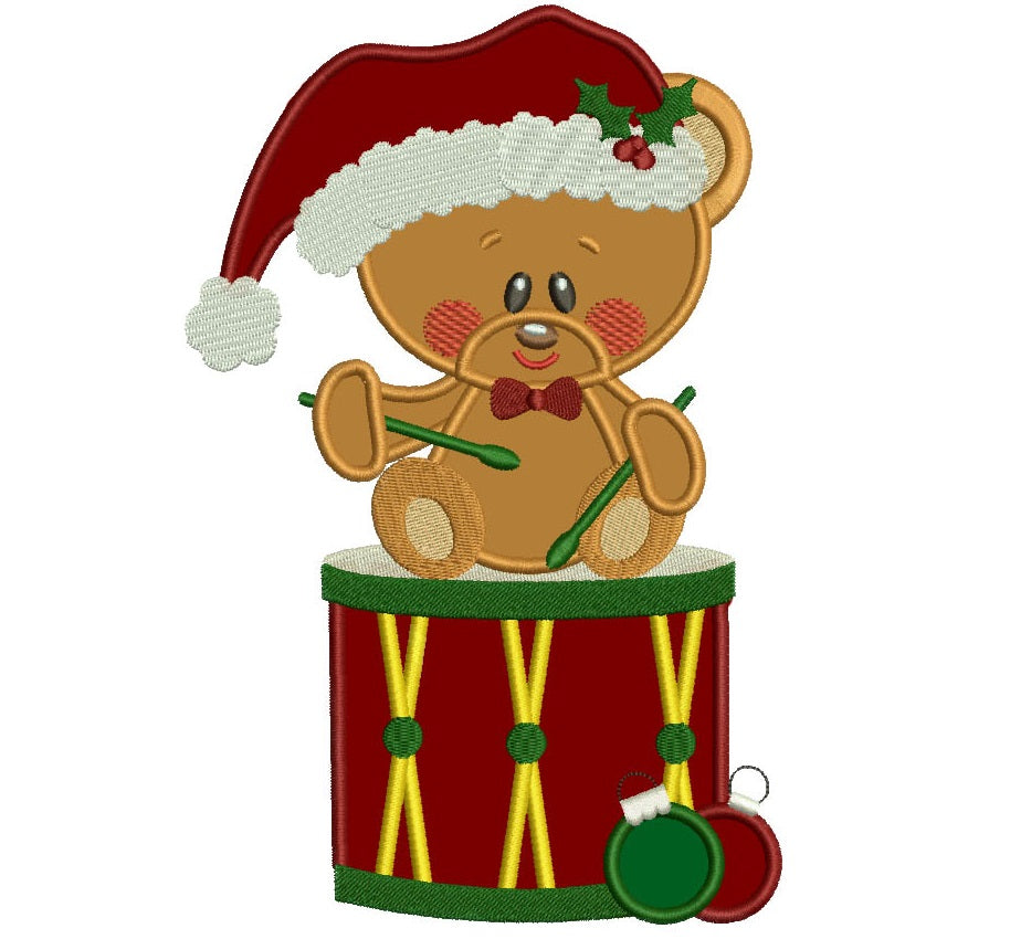 Christmas Teddy Bear on a drum Applique Machine Embroidery Digitized Design Pattern