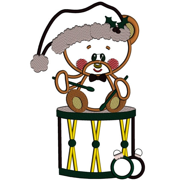 Christmas Teddy Bear on a drum Applique Machine Embroidery Digitized Design Pattern