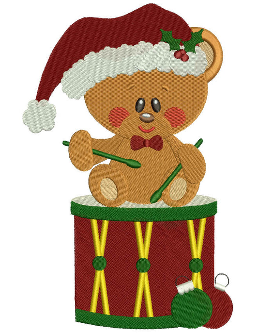 Christmas Teddy Bear on a drum Filled Machine Embroidery Digitized Design Pattern