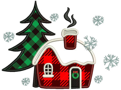 Christmas Tree And Cabin In The Woods Christmas Applique Machine Embroidery Design Digitized Pattern