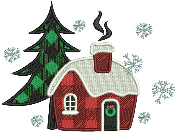 Christmas Tree And Cabin In The Woods Christmas Filled Machine Embroidery Design Digitized Pattern