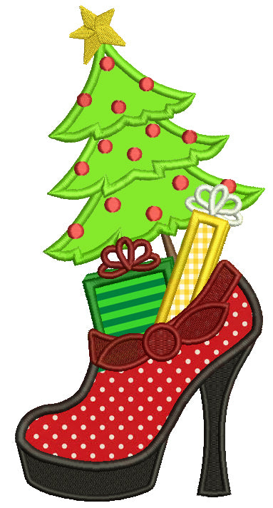 Christmas Tree Inside High Heels Applique Machine Embroidery Digitized Design Pattern
