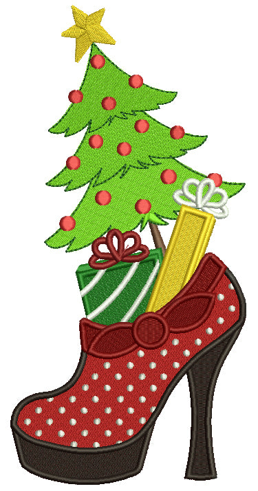 Christmas Tree Inside High Heels Filled Machine Embroidery Digitized Design Pattern