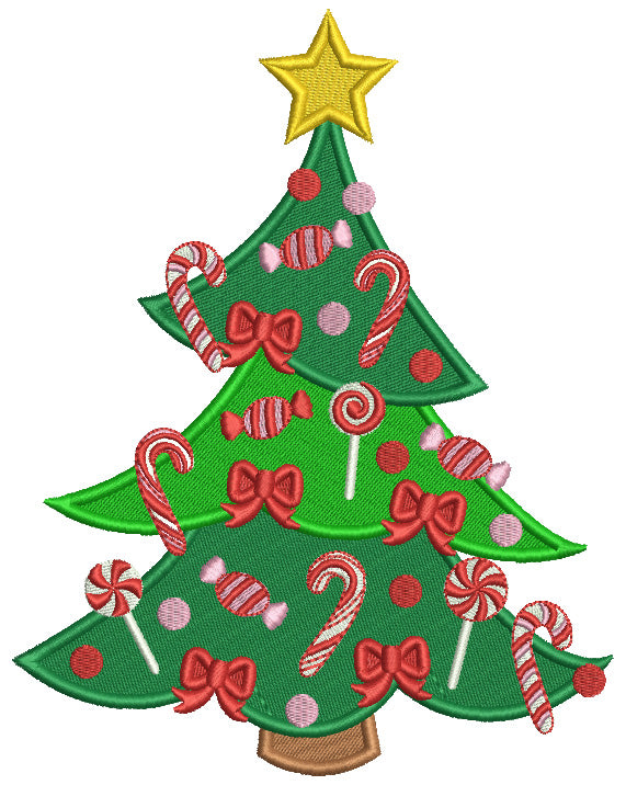 Christmas Tree With Candy Cane Ornaments Filled Machine Embroidery Design Digitized Pattern