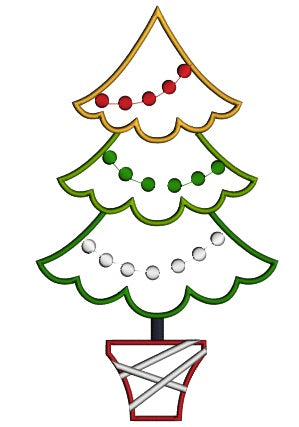 Christmas Tree With Round Lights Applique Machine Embroidery Design Digitized Pattern