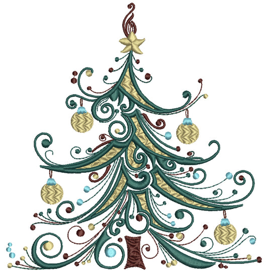 Christmas Tree With a Star And Fancy Ornaments Filled Machine Embroidery Design Digitized Pattern