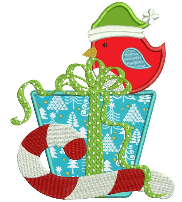 Christmas Bird Sitting on the a Box with Presents and Candy Cane Applique Machine Embroidery Design Digitized Pattern
