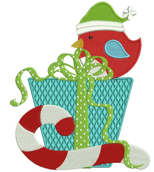 Christmas Bird Sitting on the a Box with Presents and Candy Cane Filled Machine Embroidery Design Digitized Pattern