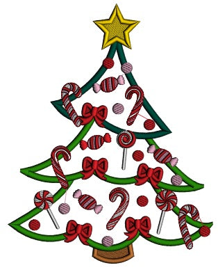 Christmas Tree With Candy Cane Ornaments Applique Machine Embroidery Design Digitized Pattern