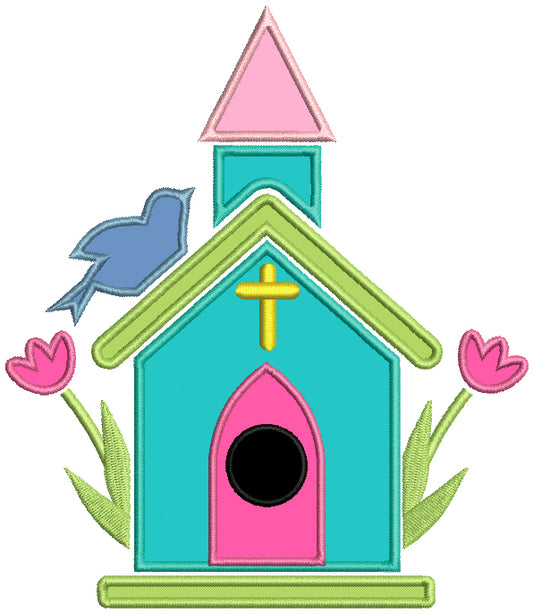 Church With a Bird and Flowers Easter Applique Machine Embroidery Design Digitized Pattern