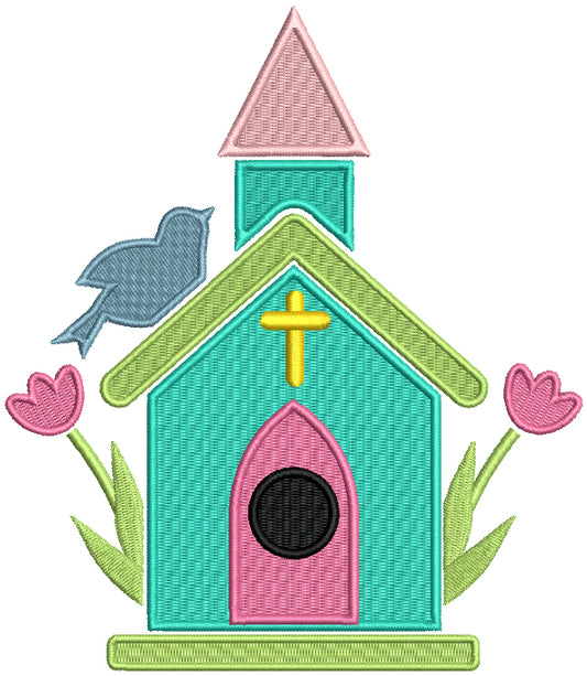 Church With a Bird and Flowers Easter Filled Machine Embroidery Design Digitized Pattern