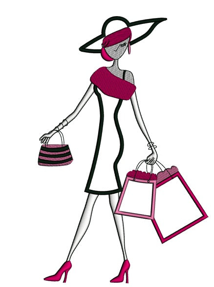 Classy Lady With Shopping Bags Applique Machine Embroidery Digitized Design Pattern