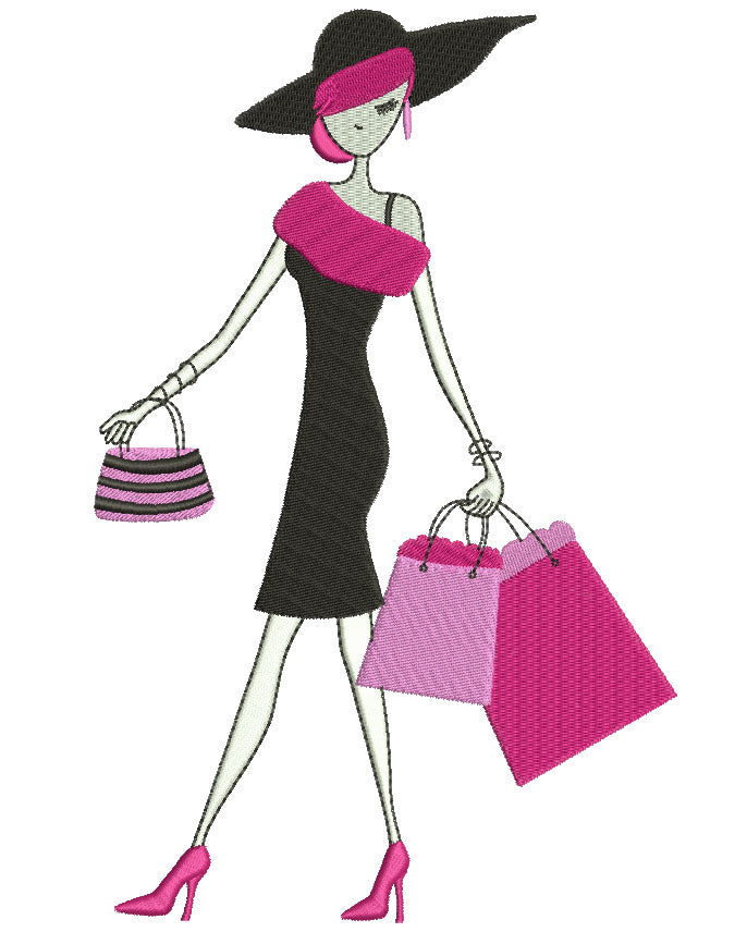 Classy Lady With Shopping Bags Filled Machine Embroidery Digitized Design Pattern