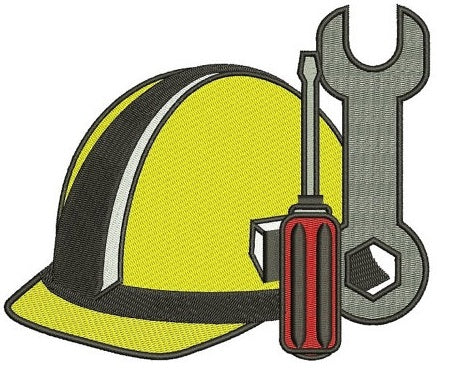 Construction Hard Hat with wrench and screwdriver Builder Machine Filled Embroidery Digitized Design Pattern- Instant Download