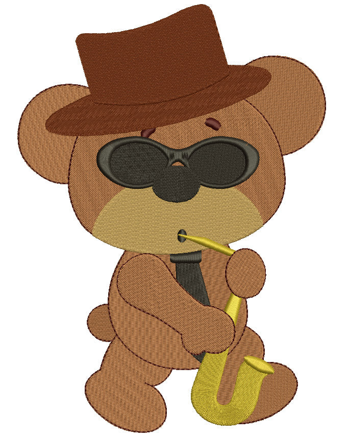 Cool Jazz Bear With Saxophone Filled Machine Embroidery Digitized Design Pattern