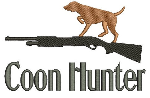 Coon (Raccoon) Hunting Dog with a Rifle Filled Machine Embroidery Digitized Design Pattern - Instant Download - 4x4 , 5x7, and 6x10