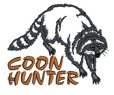 Coon (Raccoon) Hunter Applique Machine Embroidery Digitized Design Pattern - Instant Download - 4x4 , 5x7, and 6x10 -hoops