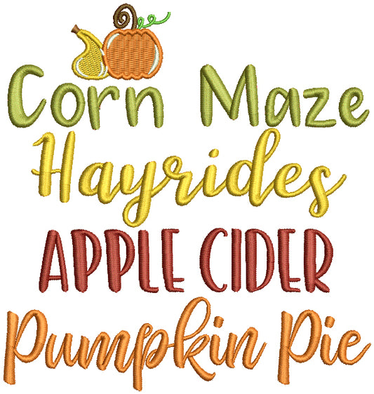 Corn Maze Hayrides Apple Cider Pumpkin Pie Thanksgiving Filled Machine Embroidery Design Digitized Pattern