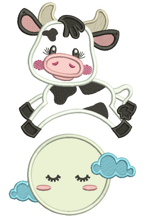 Cow Jumping Over The Moon And Clouds Applique Machine Embroidery Design Digitized Pattern
