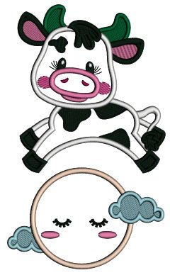 Cow Jumping Over The Moon And Clouds Applique Machine Embroidery Design Digitized Pattern