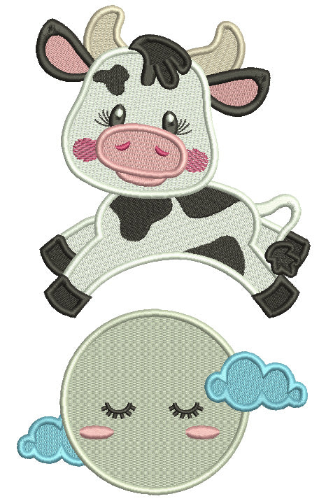 Cow Jumping Over The Moon And Clouds Filled Machine Embroidery Design Digitized Pattern