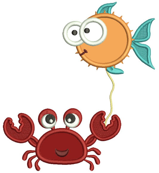Crab Holding Fish On a String Applique Machine Embroidery Design Digitized Pattern
