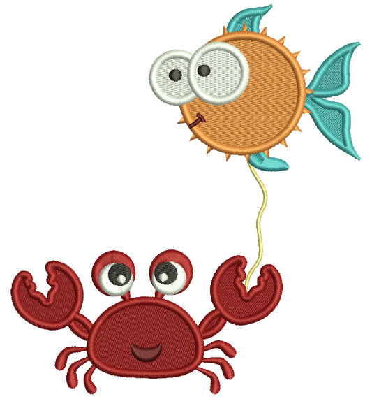 Crab Holding Fish On a String Filled Machine Embroidery Design Digitized Pattern