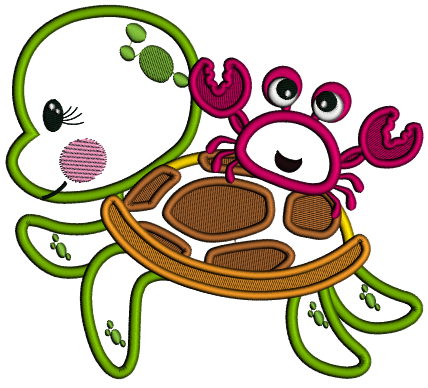 Crab Sitting On The Turtle Applique Machine Embroidery Design Digitized Pattern