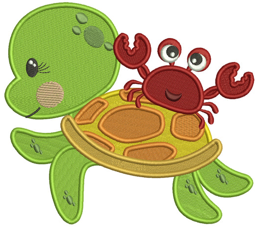 Crab Sitting On The Turtle Filled Machine Embroidery Design Digitized Pattern