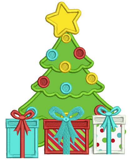 Cristmas Tree With Lots Of Presents And a Big Star Applique Machine Embroidery Design Digitized Pattern