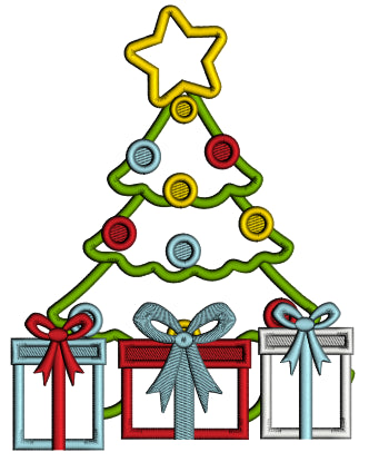 Cristmas Tree With Lots Of Presents And a Big Star Applique Machine Embroidery Design Digitized Pattern