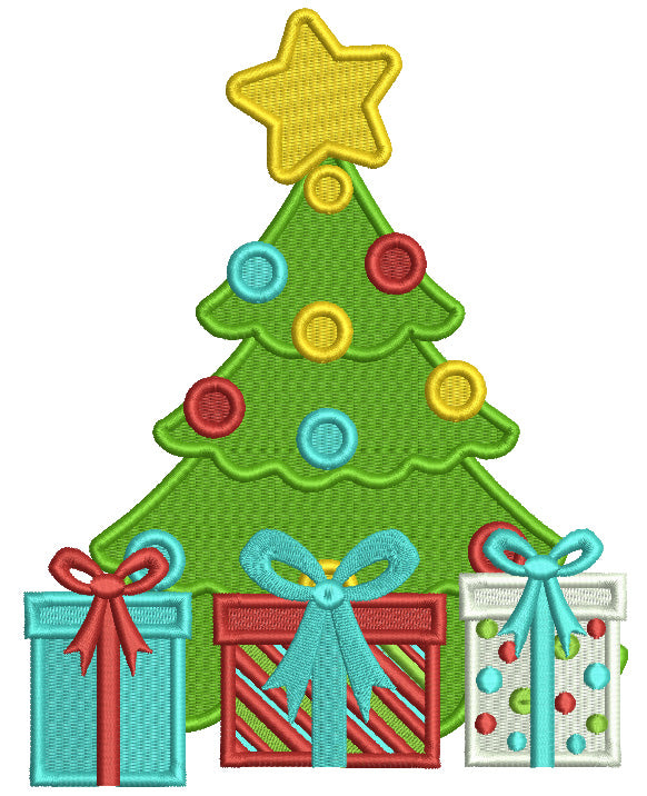 Cristmas Tree With Lots Of Presents And a Big Star Filled Machine Embroidery Design Digitized Pattern