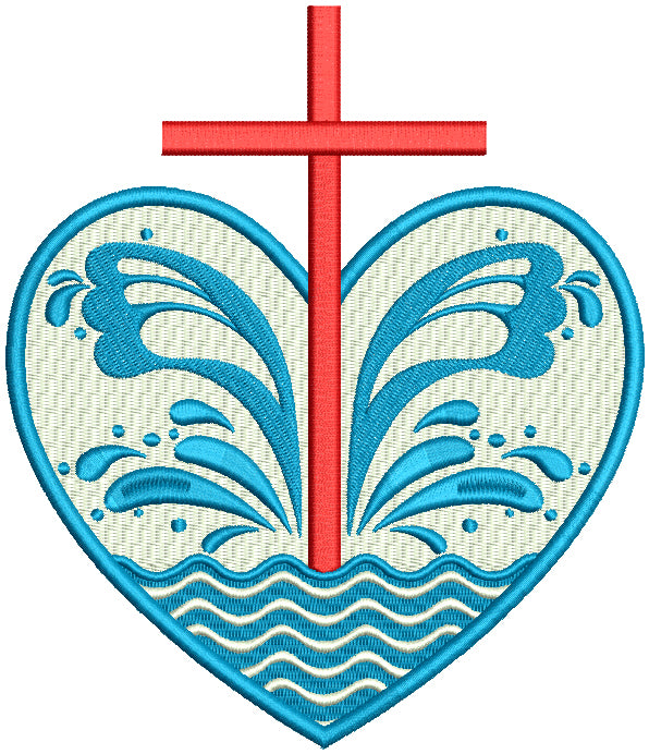Cross Inside Heart With Waves Filled Machine Embroidery Design Digitized Pattern