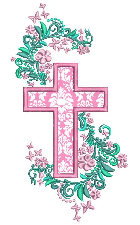 Cross With Beautiful Ornamental Flowers Applique Machine Embroidery Design Digitized Pattern