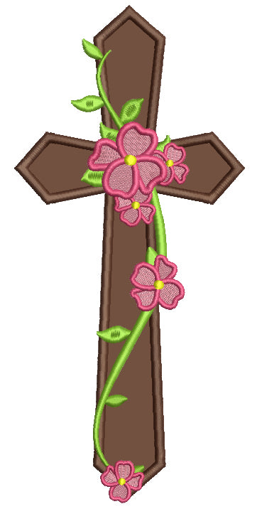 Cross With Flowers and Vines Religious Applique Machine Embroidery Design Digitized Pattern